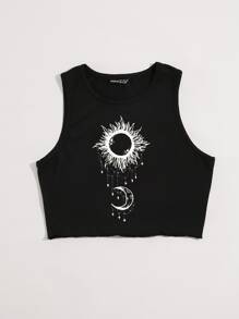 SHEIN MOOSTA Parte superior corta con estampado de sol y luna, camiseta gráfica para mujeres