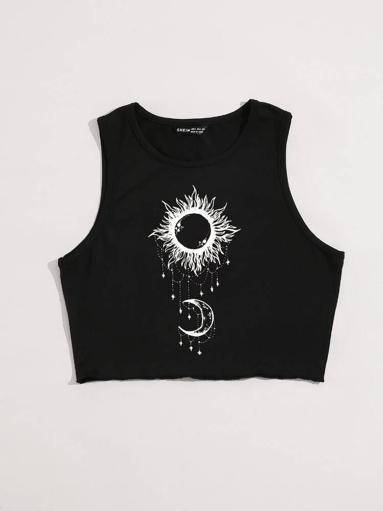 SHEIN Unity Sun And Moon Print Crop Tank Top Graphic Tees Women Tops - Black - View 4