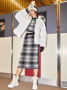 SHEIN Zip Up Snap Button Padded Coat - White - View 4