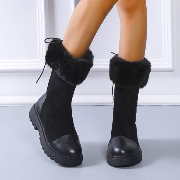 

Minimalist Lace-up Back Fluffy Trim Snow Boots, Black