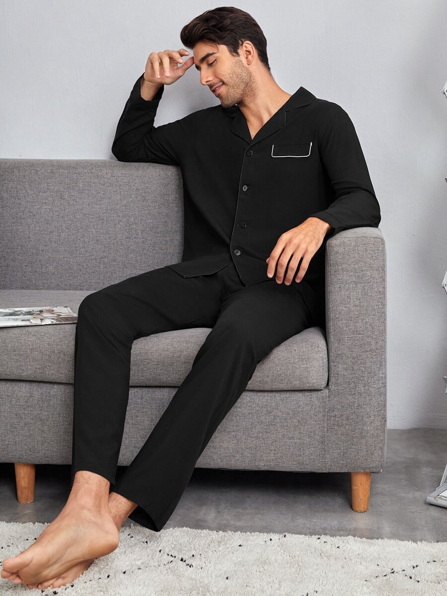 EverLounge Men Contrast Piping Shirt & Pants PJ Set / Pajama Set, Fall Clothes - Black - View 1