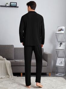 EverLounge Men Contrast Piping Shirt & Pants PJ Set / Pajama Set, Fall Clothes - Black - View 2