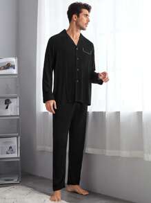 EverLounge Men Contrast Piping Shirt & Pants PJ Set / Pajama Set, Fall Clothes - Black - View 3