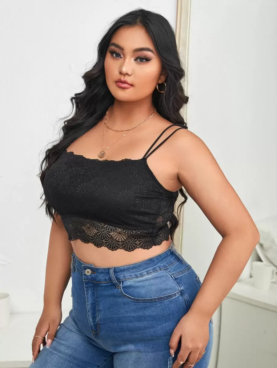 Plus Floral Lace Spaghetti Strap Bralet - Black - View 1
