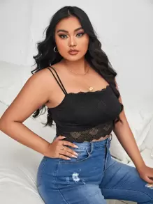 Plus Floral Lace Spaghetti Strap Bralet - Black - View 3