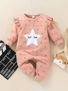 Bebé Jumpsuit con estampado de corazón con estrella con parche ribete con fruncido - Rosa coral - Ver 1