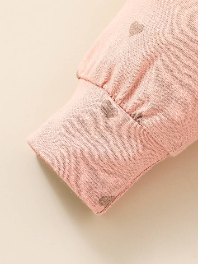 Baby Girl Heart Print Star Patched Ruffle Trim Jumpsuit - Coral Pink - View 4