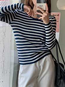 拼接條紋羅紋T恤 - 藍白色 - 查看 3