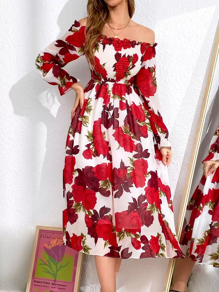 Modelyn Floral Print Frill Shirred Bardot Dress - Multicolor - View 1