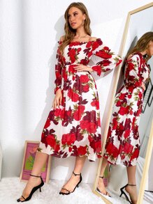 Modelyn Floral Print Frill Shirred Bardot Dress - Multicolor - View 4
