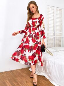 Modelyn Floral Print Frill Shirred Bardot Dress - Multicolor - View 5