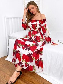 Modelyn Floral Print Frill Shirred Bardot Dress - Multicolor - View 6