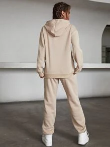 INAWLY con letra con bolsillo de canguro con cordón Capucha & Pantalones deportivos - Caqui - Ver 2