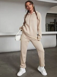 INAWLY Bộ đồ hai mảnh nữ Dây kéo màu trơn Giải trí - Màu Khaki - Xem 5