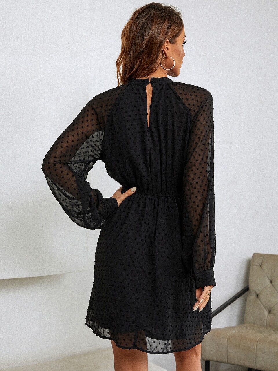 Swiss Dot Keyhole Back Chiffon A-line Dress