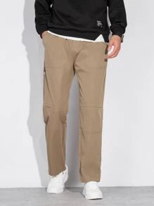 Manfinity Hombres Pantalones de cintura con cordón con bolsillo oblicuo - Caqui - Ver 4