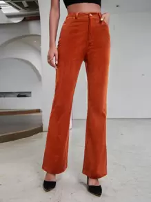 Corduroy Flare Leg Trousers - Burnt Orange - View 1