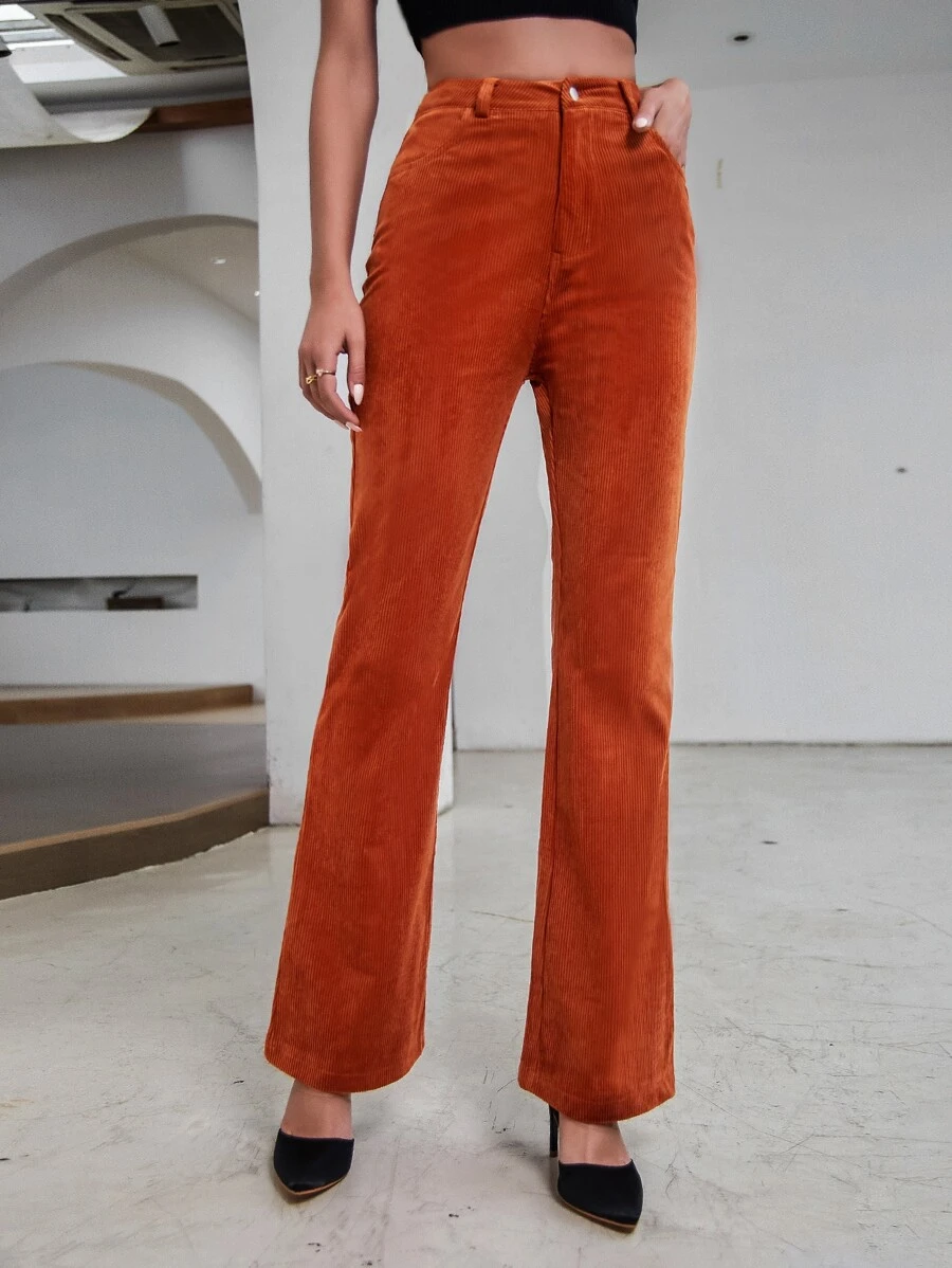 Corduroy Flare Leg Trousers - Burnt Orange - View 1