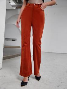 Corduroy Flare Leg Trousers - Burnt Orange - View 3