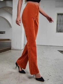 Corduroy Flare Leg Trousers - Burnt Orange - View 4