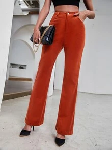 Corduroy Flare Leg Trousers - Burnt Orange - View 6