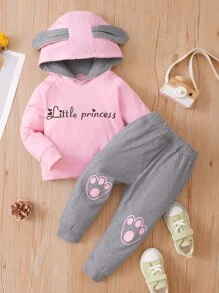 Bebé Pantalones deportivos con capucha de color combinado con estampado de letra con diseño de oreja 3D - Multicolor - Ver 1