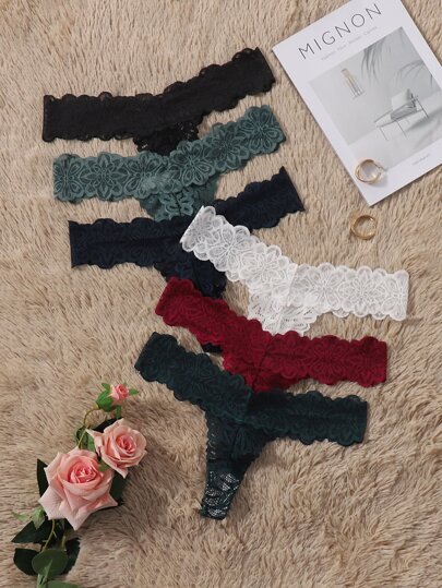 Set de 6 bragas tipo tanga sin costuras de encaje para mujer