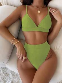 Conjunto de bikini triangular de cintura alta, para vacaciones en la playa de verano - Verde Lima - Ver 1