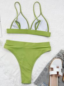 Conjunto de bikini triangular de cintura alta, para vacaciones en la playa de verano - Verde Lima - Ver 2