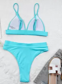 SHEIN Swim Summer Beach Solid Bikini Set Triangle Bra & High Waisted Bottom 2 Piece Bathing Suit - Mint Blue - View 2