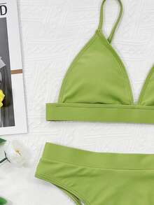 Conjunto de bikini triangular de cintura alta, para vacaciones en la playa de verano - Verde Lima - Ver 3