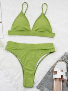 Conjunto de bikini triangular de cintura alta, para vacaciones en la playa de verano - Verde Lima - Ver 4