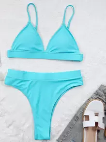 SHEIN Swim Summer Beach Solid Bikini Set Triangle Bra & High Waisted Bottom 2 Piece Bathing Suit - Mint Blue - View 3