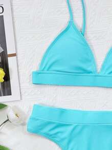 SHEIN Swim Summer Beach Solid Bikini Set Triangle Bra & High Waisted Bottom 2 Piece Bathing Suit - Mint Blue - View 4