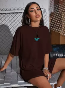 SHEIN Unity Women T-Shirts Huruf Butterfly Casual - Chocolate Brown - View 1