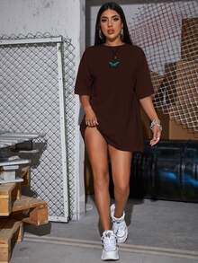 SHEIN Unity Women T-Shirts Huruf Butterfly Casual - Chocolate Brown - View 3