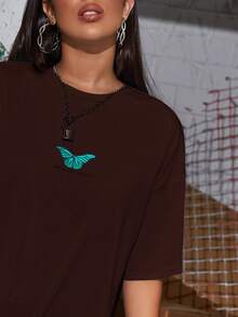 SHEIN Unity Women T-Shirts Huruf Butterfly Casual - Chocolate Brown - View 4