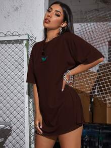 SHEIN Unity Women T-Shirts Huruf Butterfly Casual - Chocolate Brown - View 5