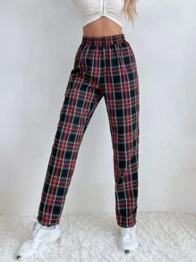 Tartan Print Elastic Waist Trousers - Multicolor - View 1