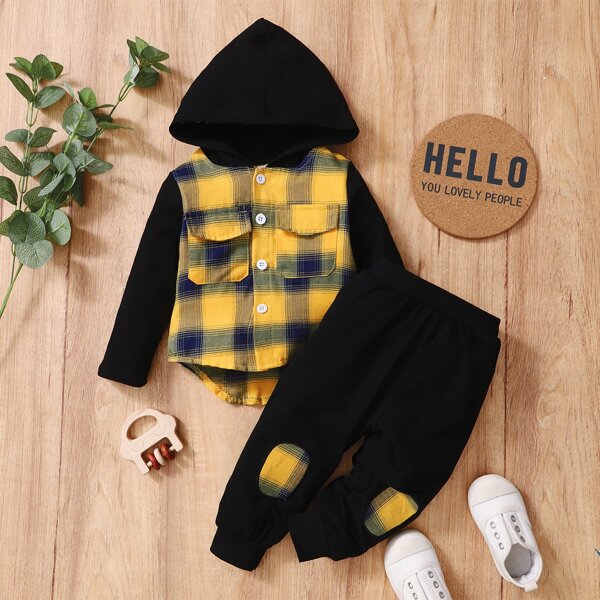

Baby Plaid Panel High Low Hem Hooded Coat & Sweatpants, Multicolor