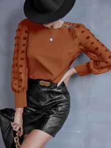 SHEIN LUNE 素色圓點燈籠袖襯衫 - 亮橙色 - 查看 5
