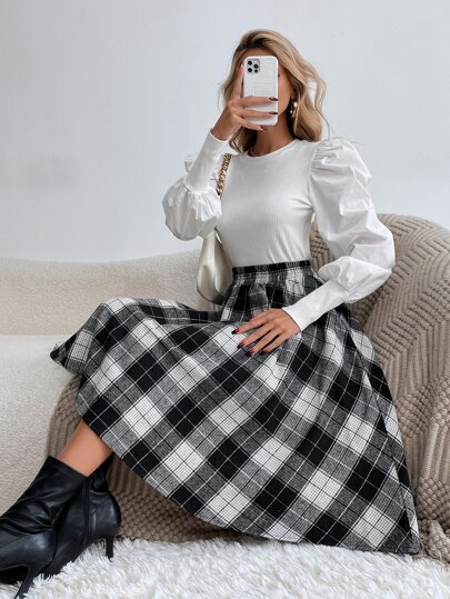 Elastic Waist Plaid Print Skirt