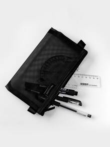 1pc Plain Mesh Pencil Case - Black - View 1