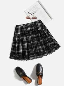 SHEIN Plaid Print Lace Up Front Lace Trim Skirt - Black and White - View 1