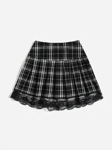 SHEIN Plaid Print Lace Up Front Lace Trim Skirt - Black and White - View 2