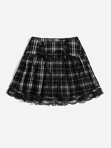 SHEIN Plaid Print Lace Up Front Lace Trim Skirt - Black and White - View 3