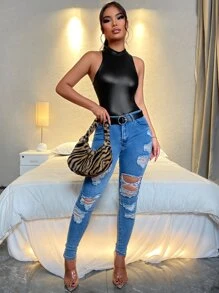 SHEIN SXY Summer;Mock Neck Slim Fit PU Leather Bodysuit - Black - View 5