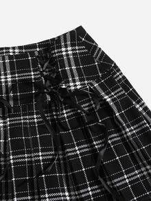 SHEIN Plaid Print Lace Up Front Lace Trim Skirt - Black and White - View 4