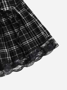 SHEIN Plaid Print Lace Up Front Lace Trim Skirt - Black and White - View 5