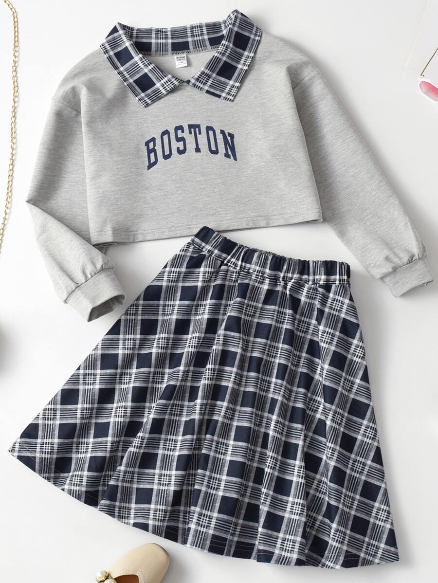 女孩格紋字母圖案T恤和半身裙 - 彩色 - 查看 1